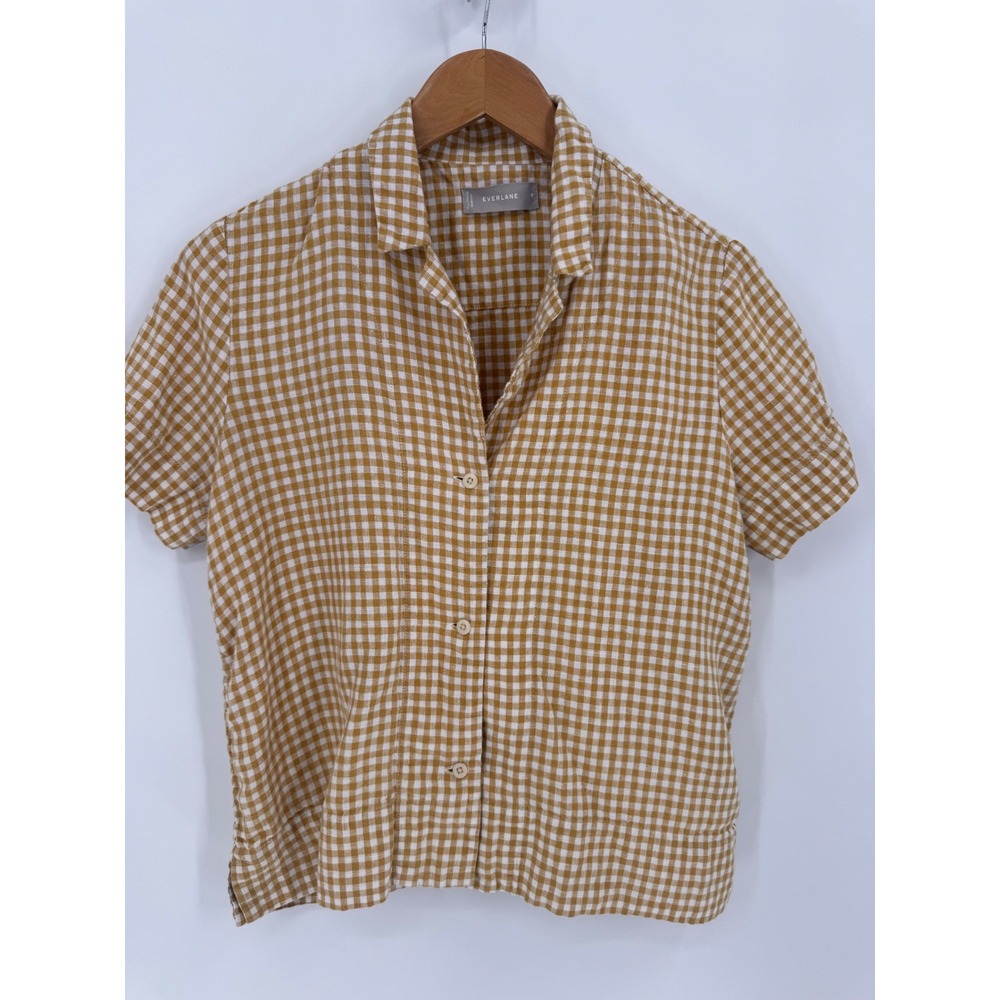 Everlane Linen Gingham Two Piece Set Womens 4/M Yellow Button Down Shorts - Picture 2 of 13